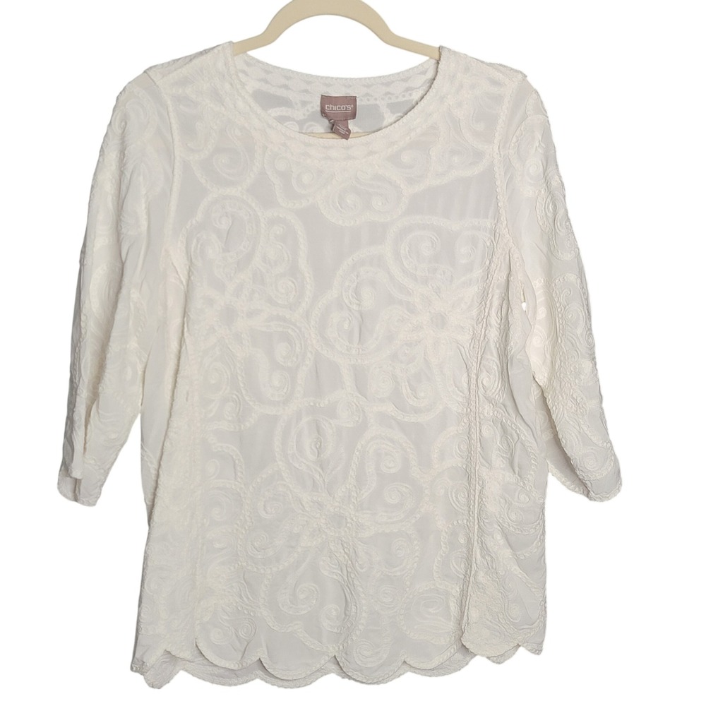 Chico's Blouse 2/L/12 White Embroidered‎ Scalloped Hem Boho Cottagecore Chic